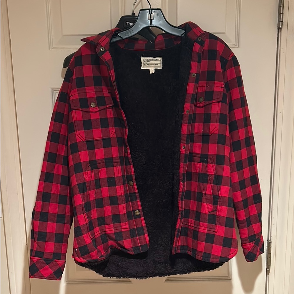 Current/Elliott red and Black check faux fur lined jacket breast & side pockets